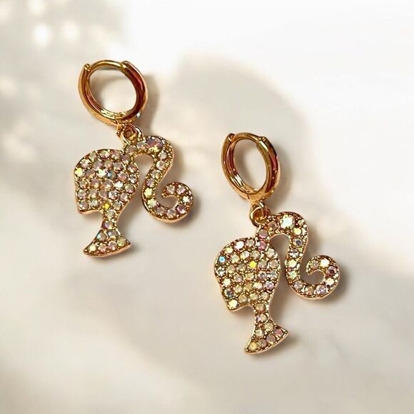 Barbie Aurora Borealis Rhinestone Gold Tone Dangle Earrings NWT - Picture 1 of 3